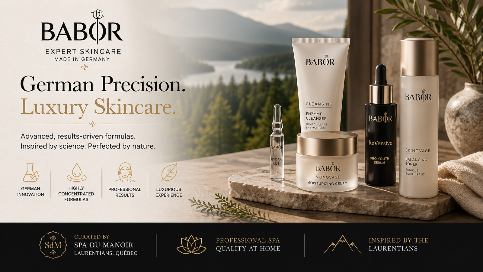 BABOR luxury skincare collection curated by Spa du Manoir featuring professional German skincare products.